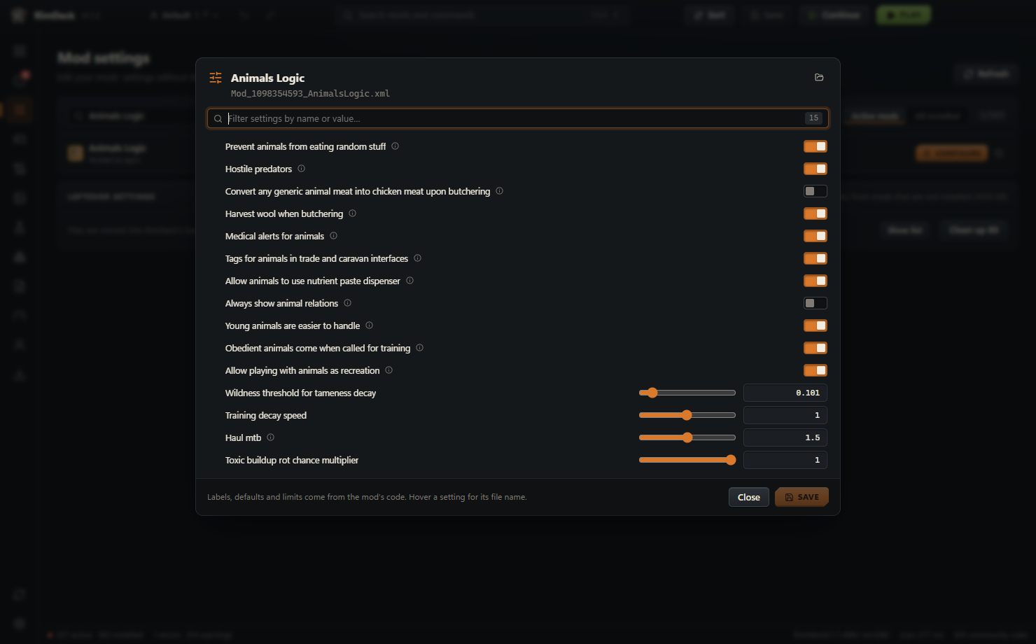 Mod settings editor with labels and sliders